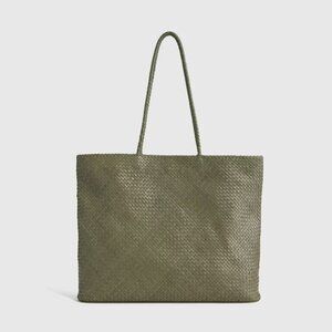 NWT Quince Italian Leather Handwoven Tote - Olive